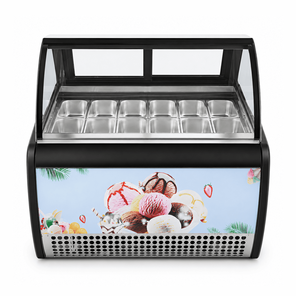 KRD Commercial Ice Cream Display Freezer 1500mm Curved Glass 16 Pan YP1500